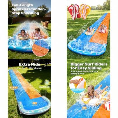 JOYIN tobogán de Agua de 32.5 pies y 2 Tablas inflables, Extra Largo Doble césped resbalón Resistente Splash Mat Pad con aspersor para niños Adultos Patio Verano