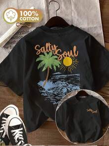 Summer Tops [Double-Sided Print] Women's Casual Summer Top Hand-Painted Style Palm Trees And Waves Print SALTY SOUL Pure Cotton Crew Neck Short Sleeve T-Shirt [LingK] Cotton T-Shirt - Black - View 7