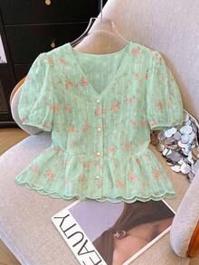 Blusa de mujer con cuello en V bordada de estilo romántico francés de manga corta - Verde - Ver 3