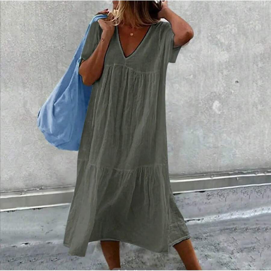 2025 nueva falda larga de mujer de algodón de lino de manga corta cuello redondo suelto Color sólido moda Simple vestido rosa de vacaciones - Verde militar - Ver 1