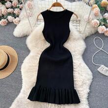 Vestido Sexy ajustado de punto de verano 2026, vestido veraniego de fiesta con volantes sin mangas y cuello redondo, Vestido corto ajustado elástico de calle alta - Negro - Ver 4