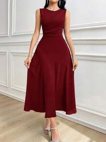 Vestido largo sin mangas de unicolor que ciñe la cintura para mujer - Burdeos - Ver 2