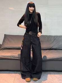1件美式街頭風女款刺繡寬鬆寬腿牛仔長褲，四季休閒黑色秋季款 - 黑色 - 查看 5