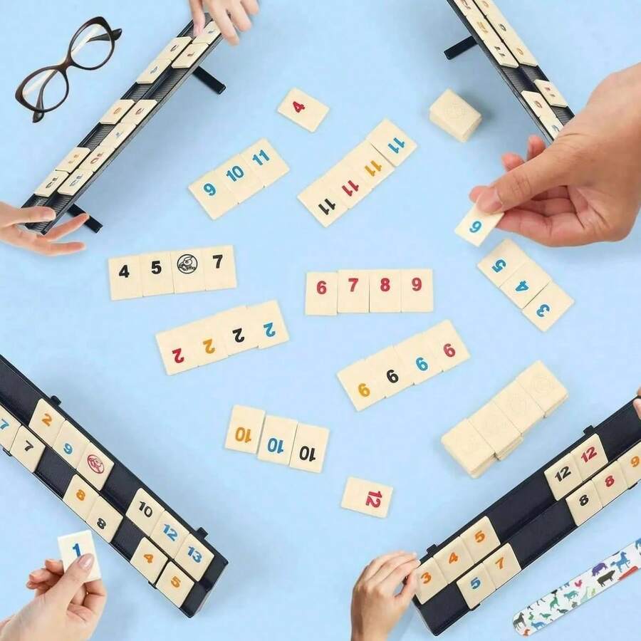 1 Set, Juego de Rummy, Juego de Rummy de Tamaño de Viaje, Con Bolsa de Lona Duradera, Juego de Rummy Familiar Clásico, 106 Fichas, 4 Soportes, (2-4 Jugadores), Juego de Rummy de Tamaño de Viaje - Multicolor - Ver 1