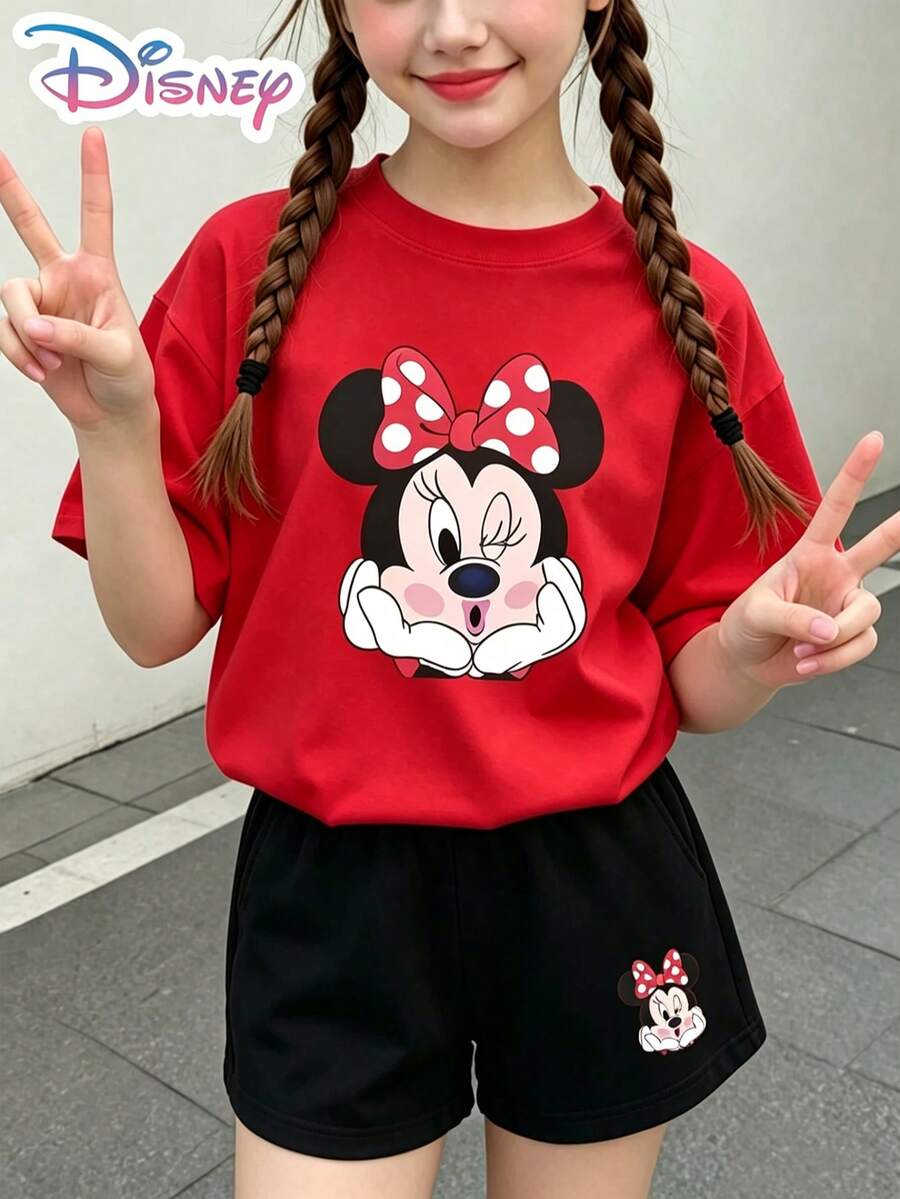 Teen Girls' Summer Two-Piece Disney Minnie Mouse Cute Expression Polka Dot Bow Print Y2K Pattern T-Shirt And Shorts Set. A Casual And Coordinated Set, Perfect For Holiday Gifting. (Disney T-Shirt/Teen Girl Clothes/2 Piece Summer Outfit/Holiday Outfits For Women/Girls Clothes/Coords Sets Women Summer/Patterned T-Shirt) - Đỏ - Xem 1