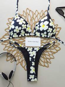 Bộ bikini nữ 2 mảnh in hoa gợi cảm buộc dây, thích hợp cho mùa xuân, hè, đi biển, nghỉ dưỡng, biểu diễn sân khấu và hòa nhạc. Màu đen. - màu đen - Xem 3
