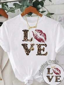 [Entrega Local]Playera Para Mujer Camiseta Casual de Mujer de Poliéster de Manga Corta con Cuello Redondo y Diseño de Estampado de Leopardo con Motivo de Amor - Blanco - Ver 4