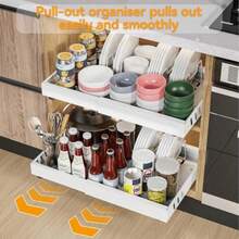 iHomara - Paquete de 2 adhesivos expandibles para gabinetes de cocina, cajones deslizantes de 21 pulgadas de profundidad para gabinetes de cocina, con 8 estantes divisores para organización de - Blanco - Ver 6