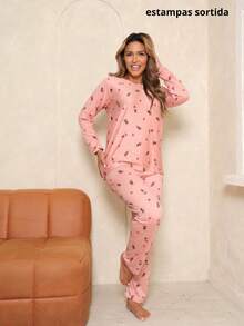 Pijama longo calça e manga longa suede premium frio estampas sortidas - Multicolorido - Visão 3