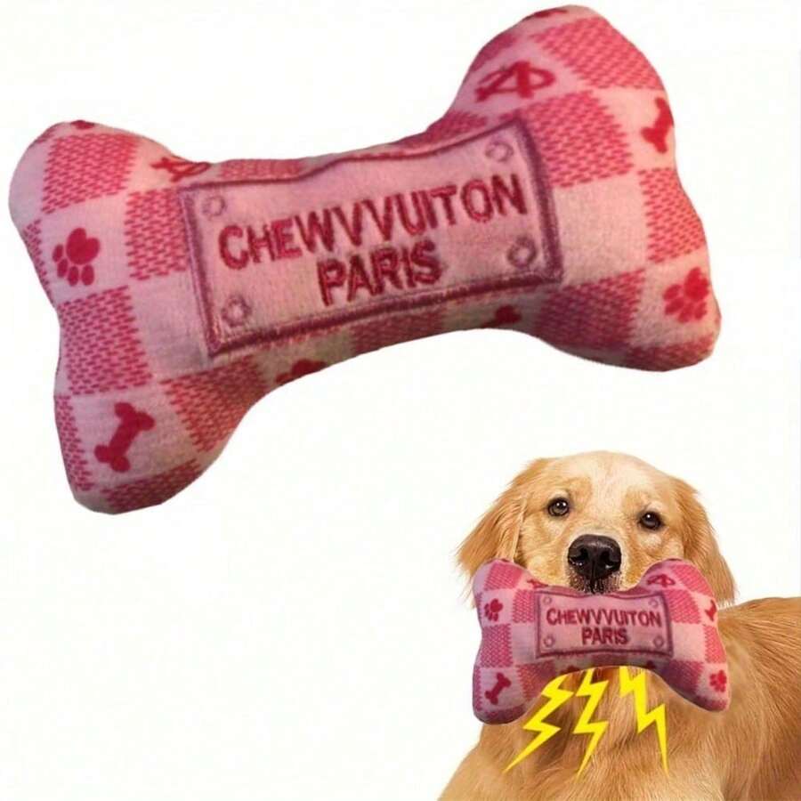 1 pieza Juguete de perro de peluche de poliéster duradero - Hueso rosa lindo con chirrido, bolsa de masticación dental interactiva apta para todas las razas y tamaños de perros, regalo perfecto para mascotas - Multicolor - Ver 1