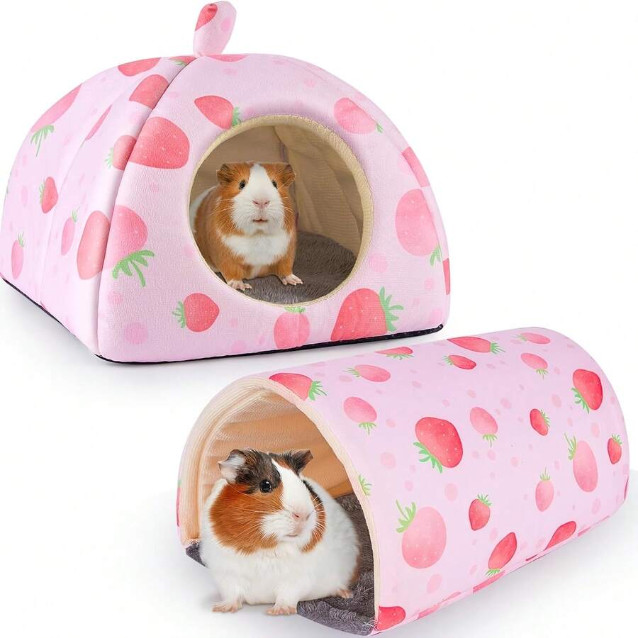 2 buah Sarang Persembunyian Hamster, Tempat Tidur Kelinci yang Dapat Dicuci dengan Terowongan Hamster, Mainan Tempat Tidur Hamster, Aksesoris Kandang Persembunyian Kelinci, Cocok untuk Hamster, Musang, dan Kelinci - A-merah muda - View 1