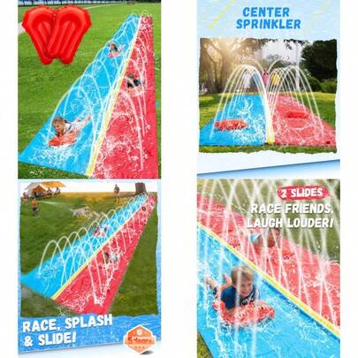 Spring Water 30 pies de deslizamiento y tobogán acuático para niños en el patio trasero, deslizamiento extra largo de 2 carriles con aspersor, toboganes de agua gigantes con 2 tablas de bodyboard