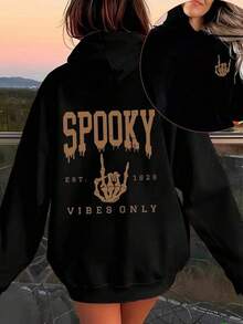Women's Gothic Horror Skull Blood Drop Letter Hoodie - Black And Gold Print, Double-Sided Pattern Pullover Suitable For Halloween And Daily Wear, Machine Washable For All Seasons, Hoodie, Street Style, Dark Aesthetics, Avant-Garde Fashion, High-Quality Printing, Durable Fabric, Unisex Style, Can Replace Fashion, Streetwear Enthusiasts - Black - View 1