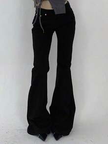 Jeans de tiro bajo con diseño de bolsillo, estilo casual y versátil - Negro - Ver 9