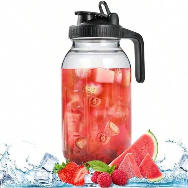 64OZ Glass Pitchers With Lid, Wide Mouth Jugs, Leak-Proof Airtight Jars Cold Brew Coffee, Iced Tea, Milk, Food Storage, Tea, Black