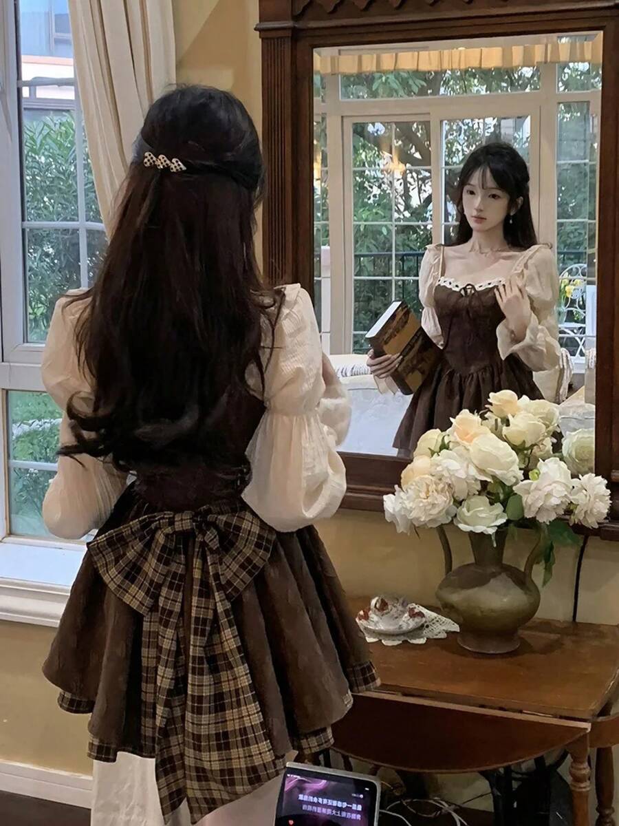 Vestido de princesa estilo coreano dulce de cintura alta con mangas abullonadas y cuello cuadrado para mujer, falda de moda d... - Vestido [Listo para envío] - Ver 1