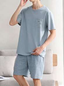 AICJ 2pcs Men's Solid Color Casual Loose Minimalist Pocket Round Neck Short Sleeve Plaid Shorts Pajama Set, Suitable For Spring & Summer - Baby Blue - View 6