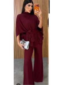 Elegant Women's Set: Batwing Sleeve Blouse, Wide-Leg Pants, And Belt - 酒紅色 - 查看 2