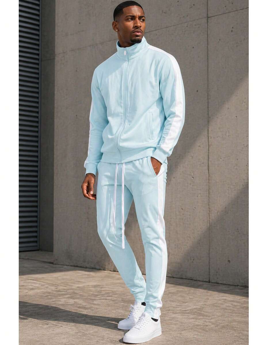 Homme Mens 2 Pc Light Weight Side Stripe Two Piece Co-Ord Track Jacket And Track Pant Set Ankle Zipper - 天白 - 查看 1