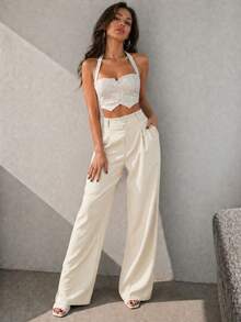 Women's Casual High Waist Wide Leg Pants With Pockets - White - View 6
