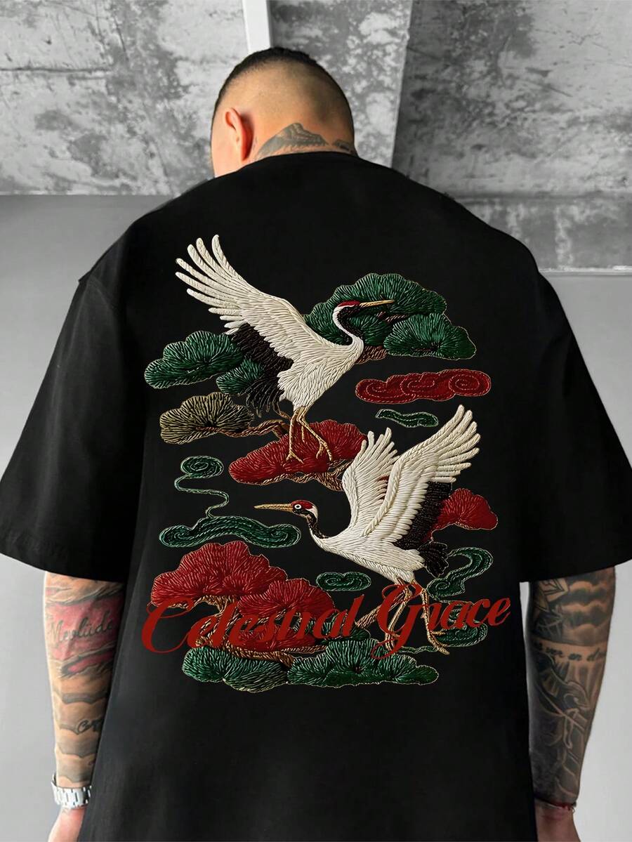 Plus Size Men's Embroidered Graphic Print Short Sleeve T-Shirt, Comfortable & Breathable, Fashionable Summer Wear