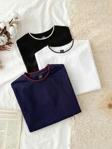 Set de 3 camisetas de mujer de cuello redondo de ajuste ceñido, 95% algodón, en negro, blanco y gris, aptas para todas las estaciones, interior y exterior, con estilo vintage y lindo para verano, para salidas de verano, hogar, vuelta al cole, otoño - Multicolor 13 - Ver 4