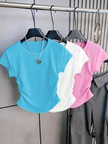 Set de 3 piezas de tops para mujer para exteriores, en color champán, marrón moca y negro, nuevas llegadas de verano, camiseta ajustada con pliegues, de moda y versátil, con estilo callejero fotogénico, imprescindible, de vuelta al colegio, que lla - Multicolor 9 - Ver 8