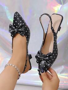 Teenagers' Solid Color Polka Dot Bow Pointed Toe Backless 6cm Stiletto Heel PU Soft Bottom High Heel Sandals, Suitable For Home, Dates, Campus, Parties, Vacation, Spring/Summer New Arrival - Black - View 3