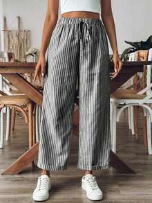 Pantalones sueltos holgados de mujer con estampado de rayas, cintura con cordón y bolsillos, versátiles - Blanco y Negro - Ver 4
