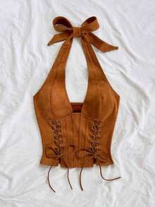 Nuevo chaleco de mujer con escote en V y cordones de ante desconstructurado, adecuado para vacaciones, citas, té de la tarde, vacaciones, festivales de música, estilo bohemio, cruceros, playa, Navidad, Año Nuevo, discoteca - Marrón - Ver 3