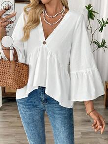 1 pieza de camisa casual para mujer , blanca, con cuello en V y mangas con volantes, 180g, 100% algodón. - Blanco - Ver 7