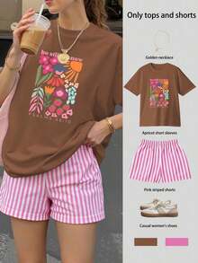 Conjunto de camiseta de manga corta holgada con estampado "Be Still & Know" y pantalones cortos a rayas, traje de mujer, conjunto de dos piezas para mujer, atuendo de verano, ropa de vacaciones, ropa de playa, estilo minimalista, elegante - Marrón - Ver 5