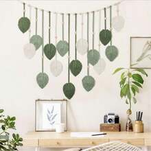 1pc Bohemian Handmade Woven Leaf Tapestry, Room Decor Hanging Wall Art With Tassels, Photo Display For Bedroom - Green - View 3