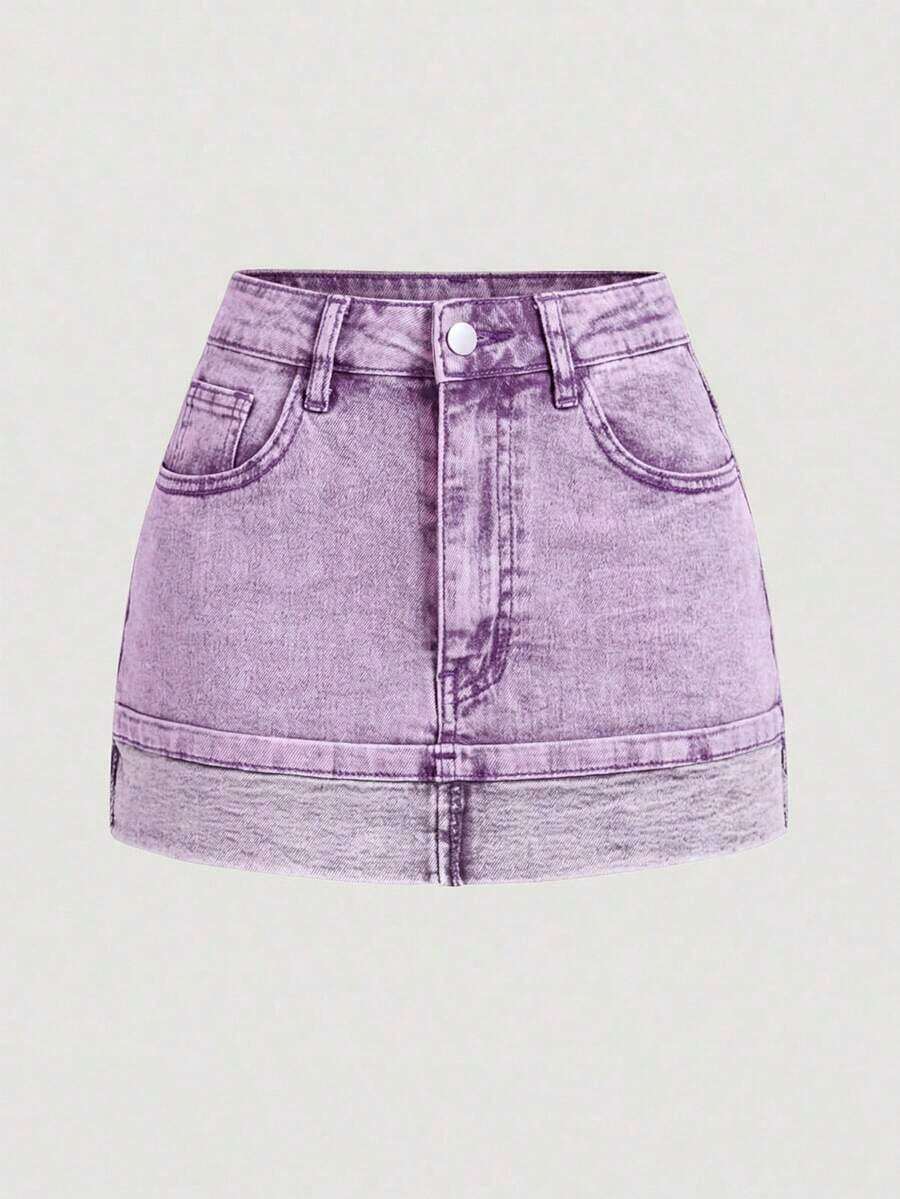 Qadelle Fashionable Striped Belted Denim Mini Skirt For Summer, Versatile - Purple - View 1