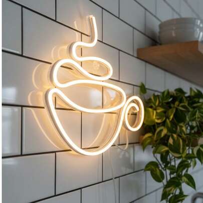 Luminária Neon LED Xícara de Café Decorativa Minimalista para Parede de Cozinha