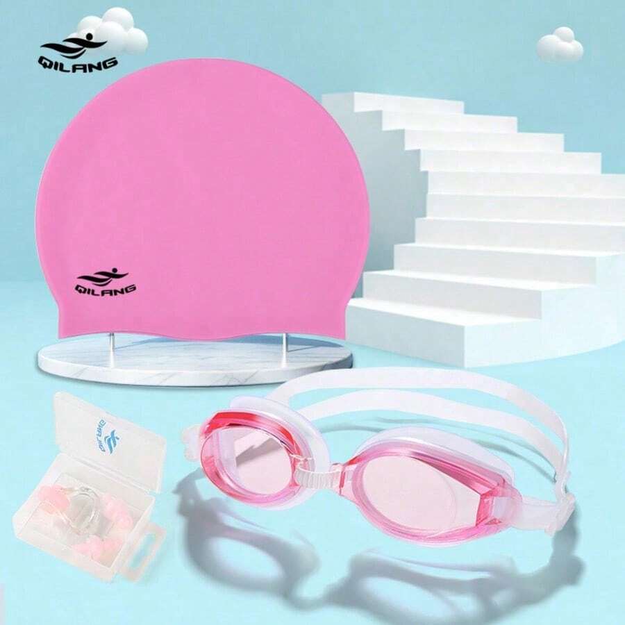 Bộ đồ bơi: Mũ bơi silicon co giãn cao + Kính bơi chống sương mù, Nút bịt tai và Kẹp mũi, Phụ kiện bơi lội, Dành cho cả nam và nữ - Hồng - Xem 1