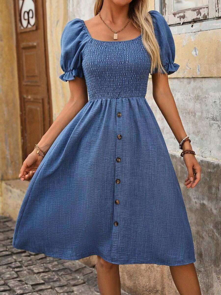 Vestido de manga abullonada efecto denim corte evasé para mujer - Azul - Ver 1