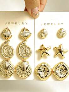 Juego de 2-12 piezas de pendientes con estilo bohemio de conchas, estrellas de mar y caracolas doradas, elegantes y versátiles, adecuados para mujeres en todas las estaciones, el mejor regalo para mamá o novia - Multicolor - View 7