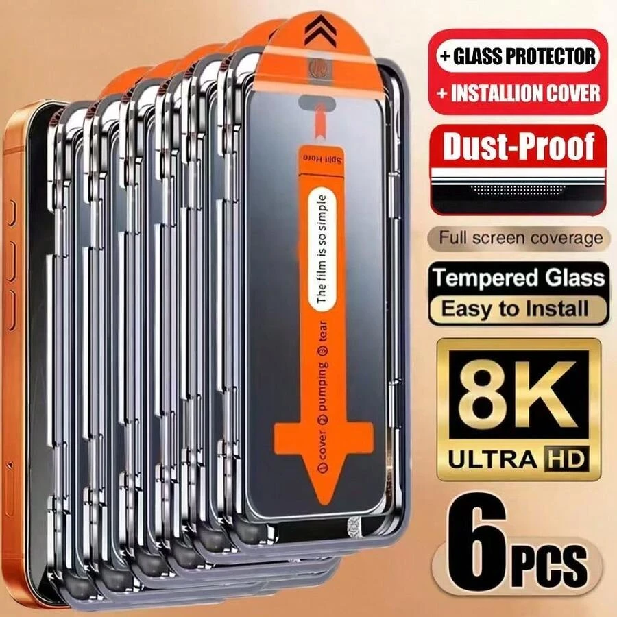 Bộ 6 miếng dán màn hình kính cường lực chống sốc 8K tương thích với iPhone 17/16/15/14/13/12/11/17 Pro Max/17 Air/16 Pro Max/16e/Plus/X/XR/XS Max/Mini, độ cứng 9H+, chống trầy xước, chống bám vân tay, độ phân giải cực cao, phủ toàn màn hình, tương thích với ốp lưng, quà tặng Ngày của Mẹ
