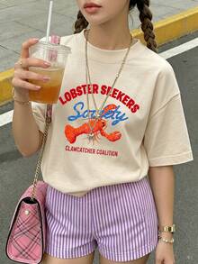 Women's Lobster Seekers Society Graphic Loose Fit Tee Crew Neck Short Sleeve Casual Beach Vacation Top - Apricot - View 2