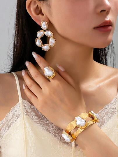 1pc/Set Bohemian Vintage Luxury Fashion Metal Geometric Baroque Faux Pearl Bracelet Ring Earrings Jewelry Set, Daily Vacation Party Gift For Women