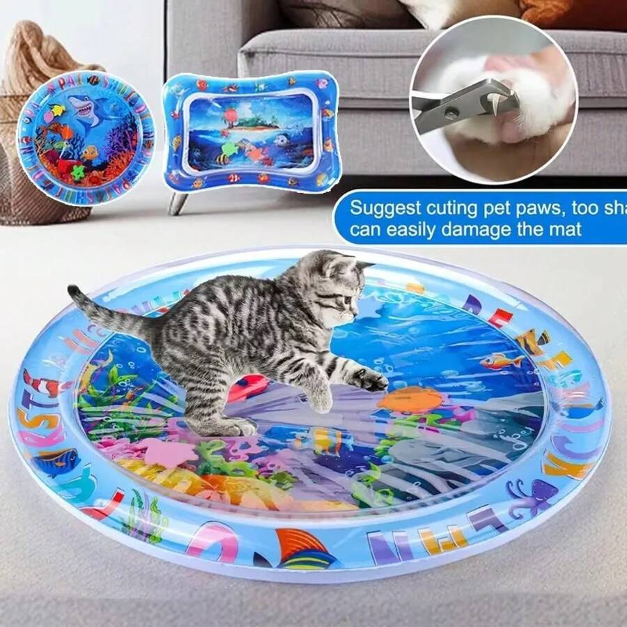Alfombra de juego de agua sensorial para gatos con peces, cama de agua inflable gruesa, juguete sensorial para perros y mascotas, diversión interactiva - Modelo C con bomba - Ver 1