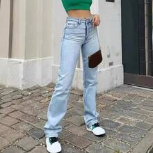 Pantalones vaqueros rectos versátiles informales elásticos de cintura alta ajustados de color azul claro para mujer nuevos superventas - Azul - Ver 2