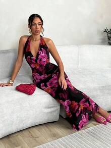 Vestidos nuevos para mujer, ropa de calle de verano, moda Halter, vestido ajustado informal, vestido rojo Sexy estampado sin mangas para mujer, vestido elegante de malla, ropa - Rosa Fucsia - Ver 2