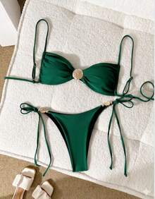 Thin Strap Thong Bikini With Side Tie, Shell Buckle, And Padded Cups - Green - View 5