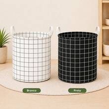 Cesto de Roupa Suja Dobrável Xadrez com Alças Organizador Multiuso para Lavanderia Quarto Banheiro - Preto e Branco - Visão 7