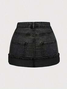 Minifalda de mezclilla lavada y desgastada de estilo casual para mujer, para el verano - Gris Oscuro - Ver 2