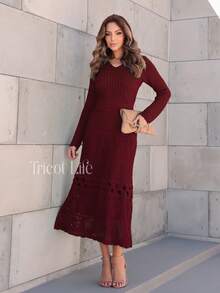 Elegant Women's Midi Knit Dress With Long Sleeves And Lace, Mermaid Style, Ideal For Winter Parties, Shapes The Body. - 勃根地 - 查看 10