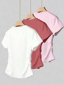Set de 3 piezas de tops para mujer para exteriores, en color champán, marrón moca y negro, nuevas llegadas de verano, camiseta ajustada con pliegues, de moda y versátil, con estilo callejero fotogénico, imprescindible, de vuelta al colegio, que lla - Multicolor 14 - Ver 2