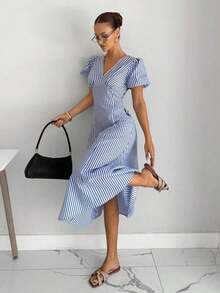 Vestido de mujer elegante y de moda de longitud media con cuello en V a rayas - Azul y blanco - Ver 6